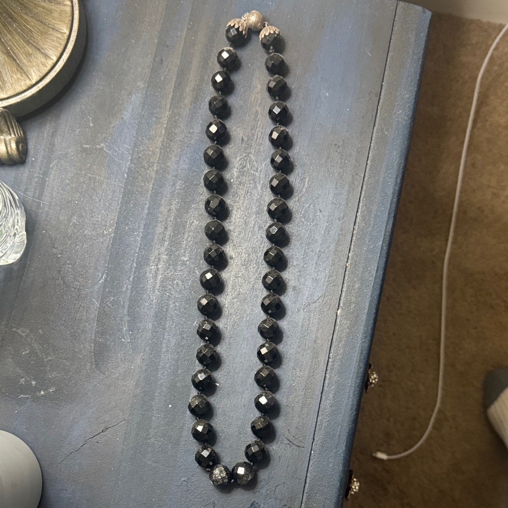 Antique faceted Black Glass Bead Necklace with Ornate Clasp.